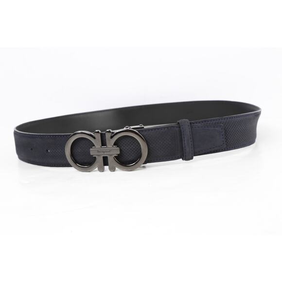 Salvatore Ferragamo Belt 120 Navy Blue Perforated Leather Gunmetal Gancini Luxe main image 16